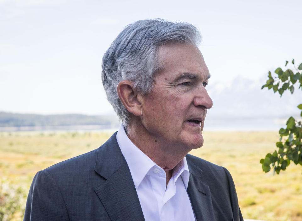 FILE Federal Reserve Chairman Jerome Powell takes a break during the Jackson Hole Economic Conference near Moran in Grand Teton National Park, Wyo., Aug. 25, 2023. (AP Photo/Amber Baesler)